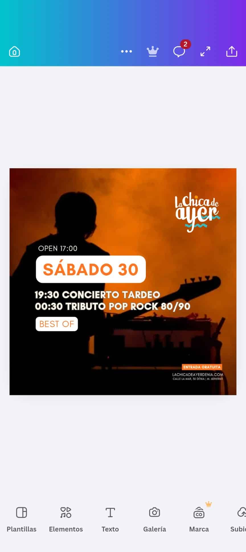 Cartel concierto sábado 30 tributo pop rock