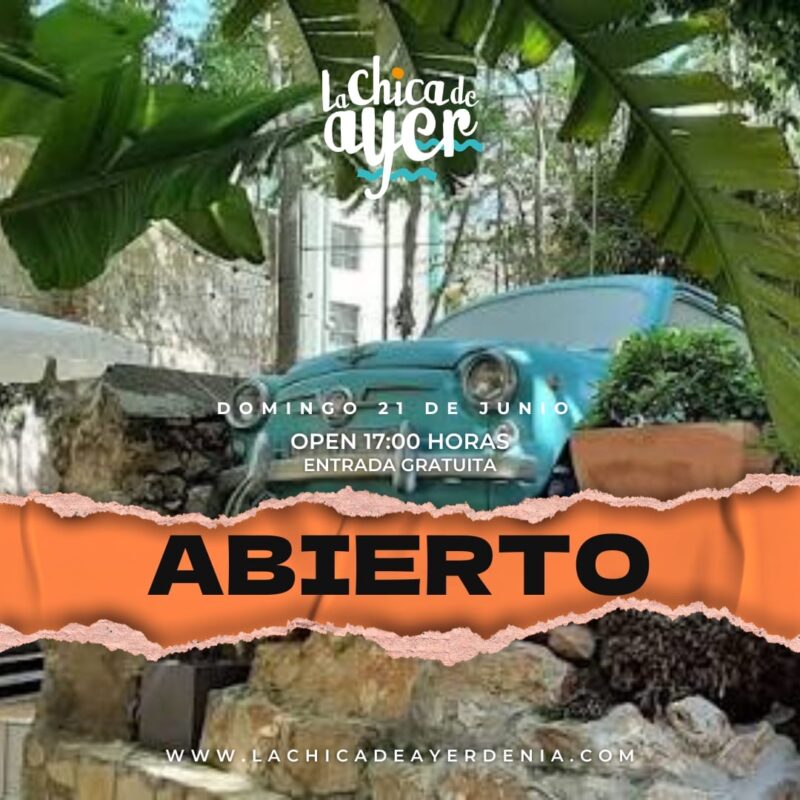 Cartel de apertura con coche clásico y plantas
