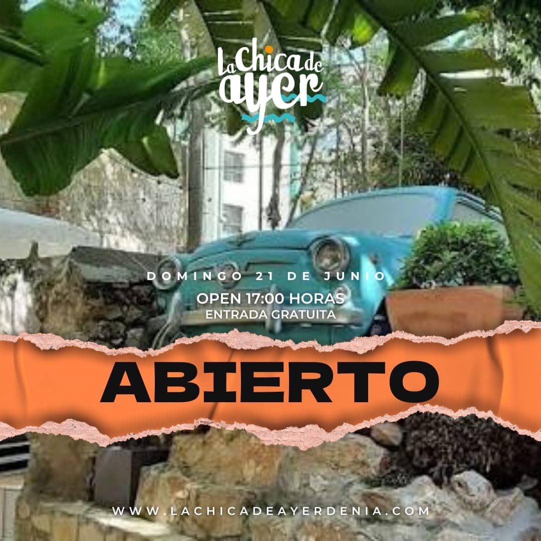 Cartel de apertura con coche clásico y plantas