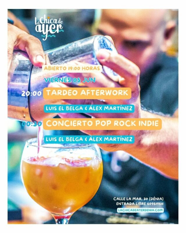 Cartel evento con cóctel y concierto en Dénia