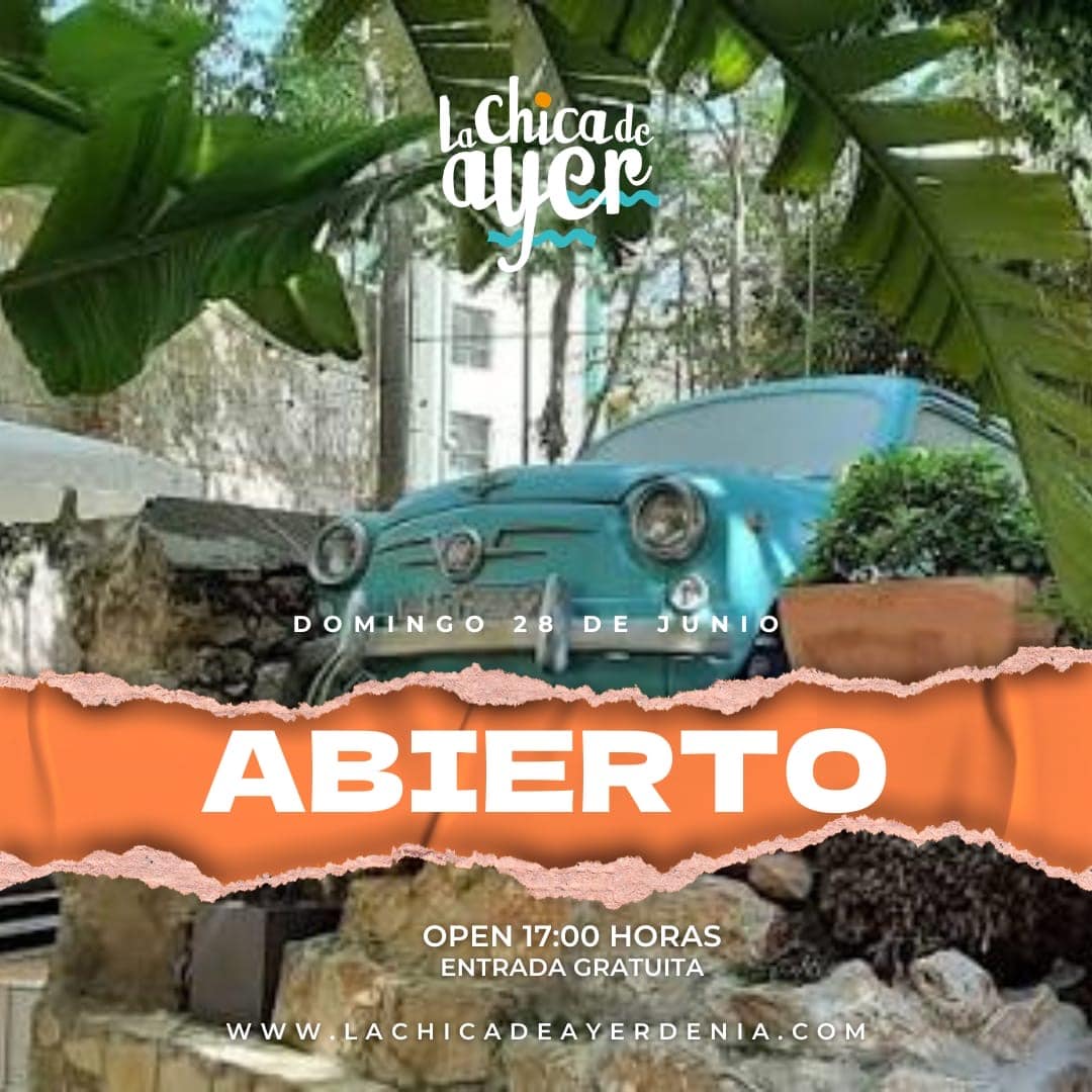 Cartel abierto con coche vintage turquesa