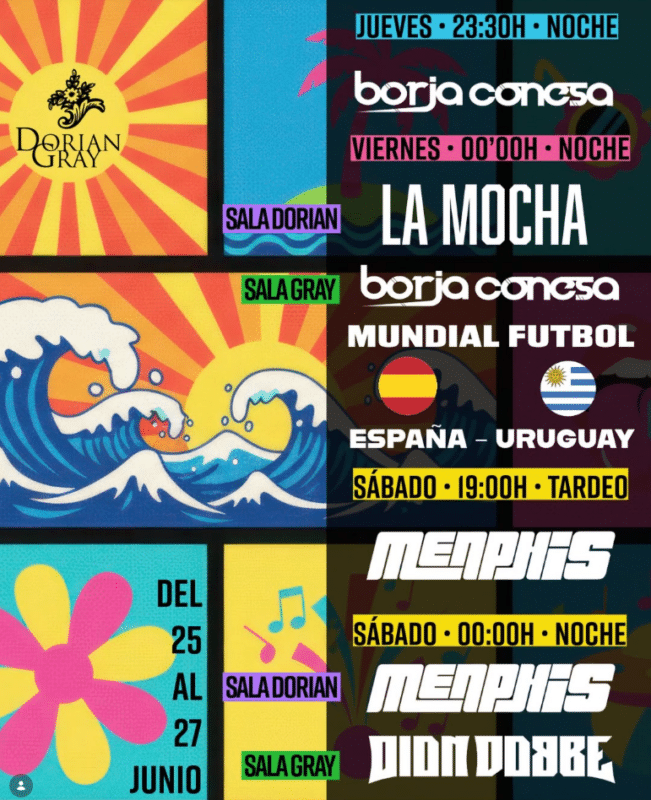 Cartel de eventos de la sala Dorian Gray del 25 al 27 de junio
