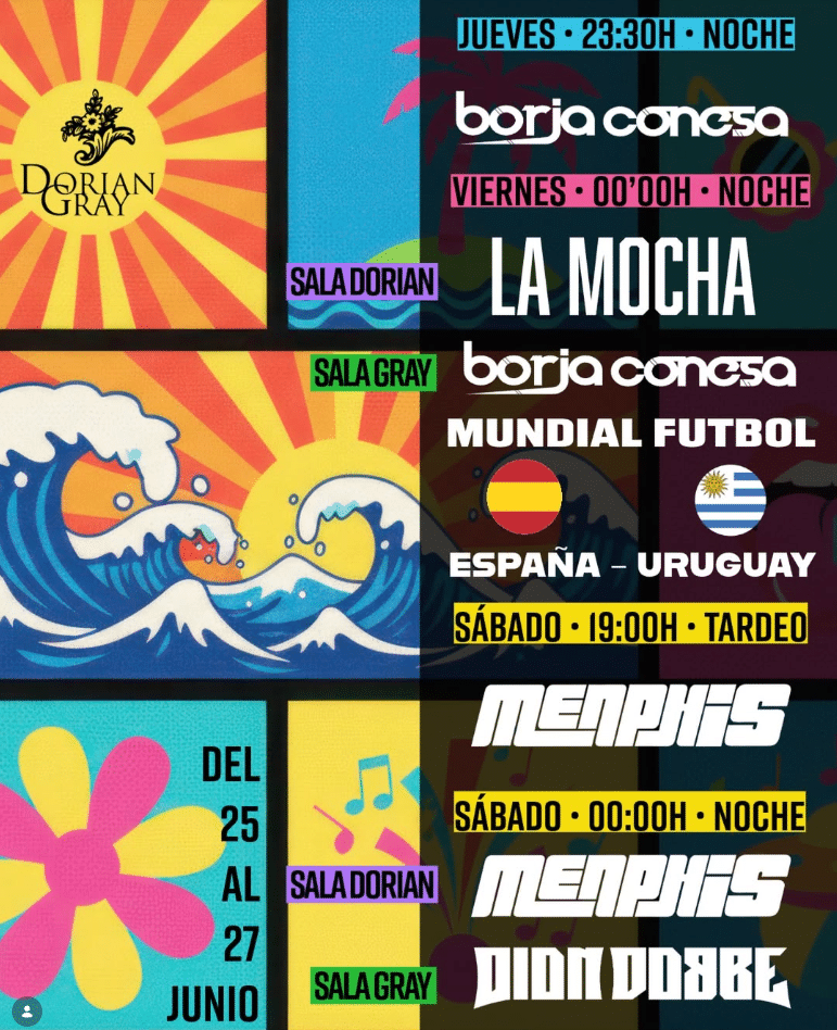Cartel de eventos de la sala Dorian Gray del 25 al 27 de junio