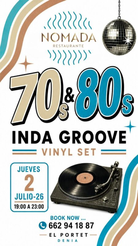 Cartel evento musical 70s y 80s Inda Groove en Nómada Restaurante