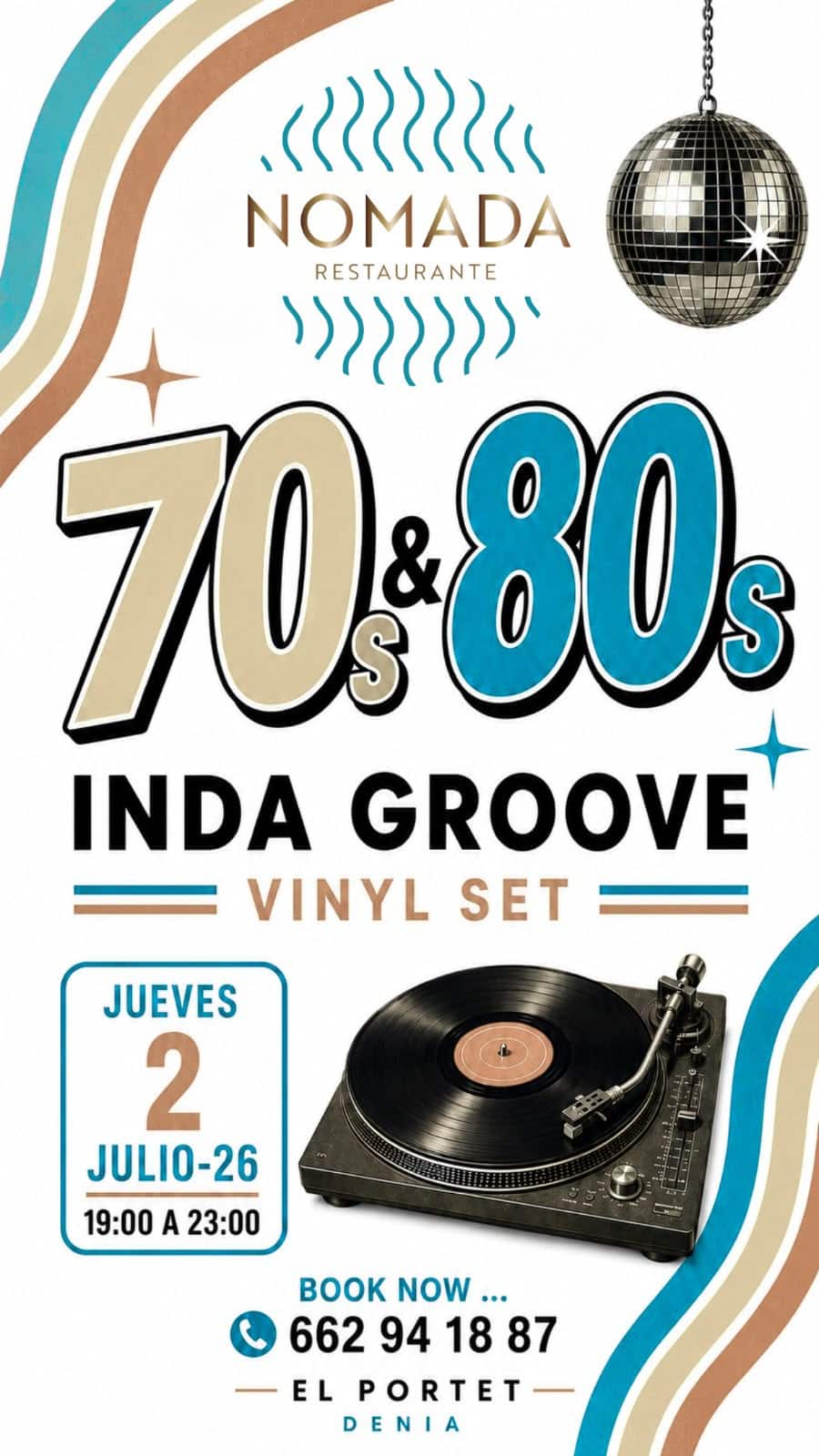 Cartel evento musical 70s y 80s Inda Groove en Nómada Restaurante