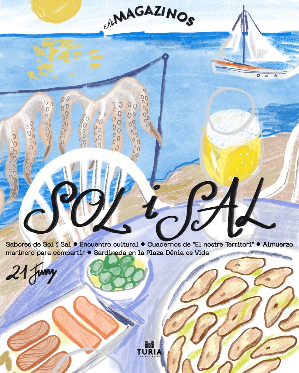 Cartel ilustrado Sol i Sal junto al mar