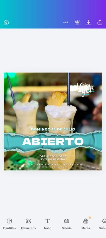 Cartel apertura bar La Chica de Ayer Dénia cócteles piña