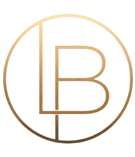 Logotipo dorado con letras LB dentro de círculo