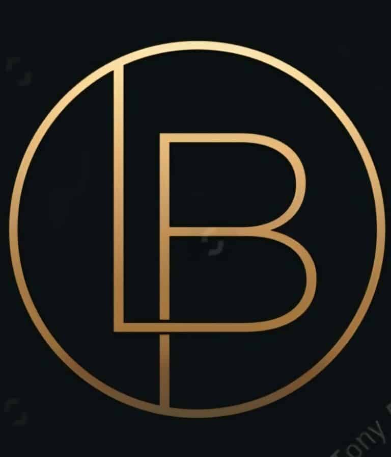 Logotipo dorado con letras LB sobre fondo oscuro