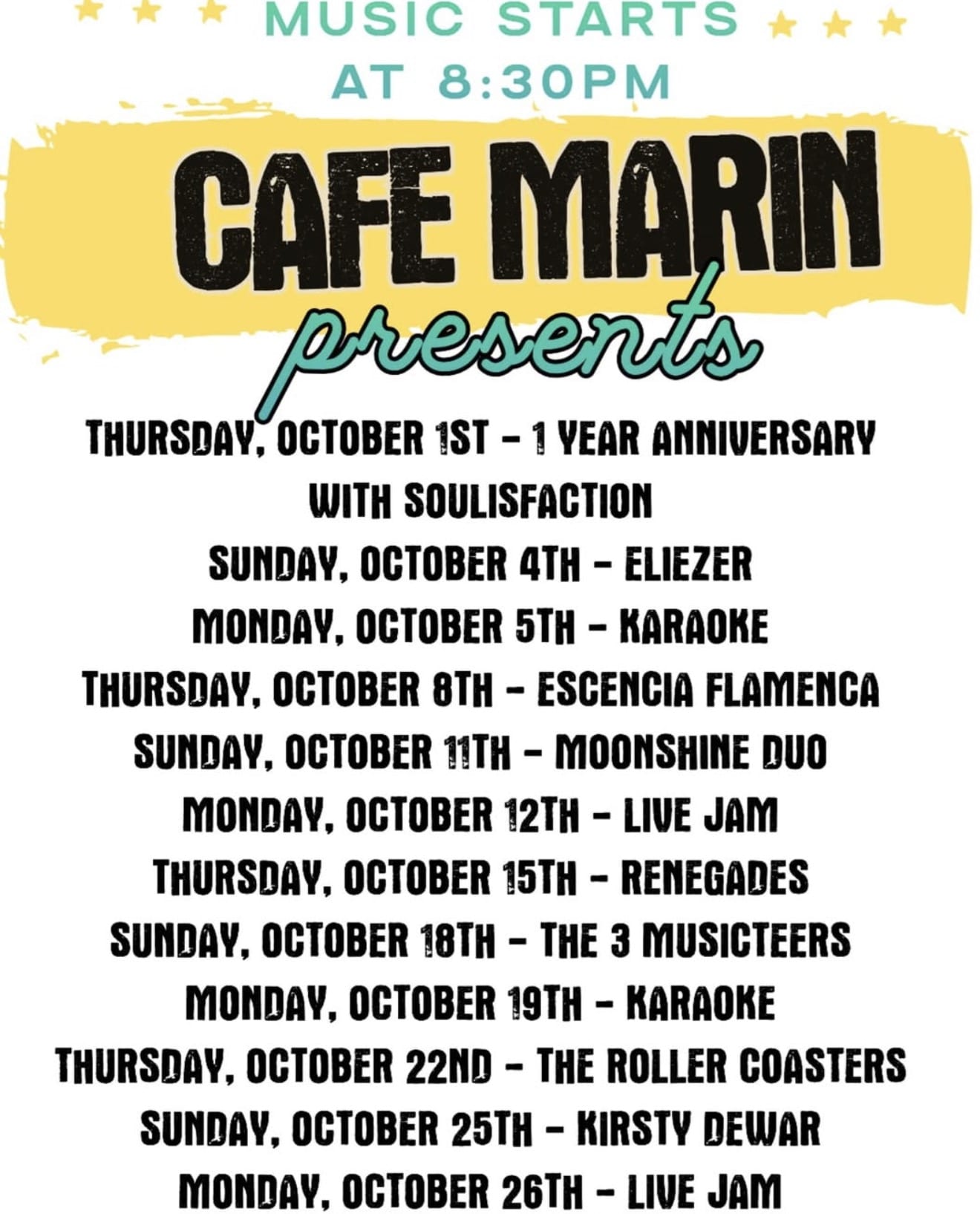 Cartel de conciertos de octubre 2026 en Café Marin, Dénia