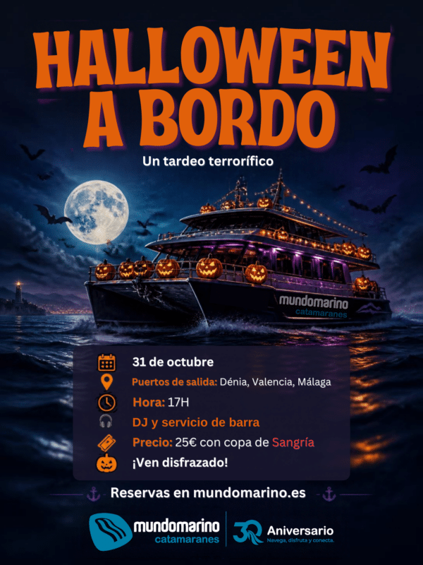 Cartel Halloween a Bordo en catamarán Mundomarino octubre