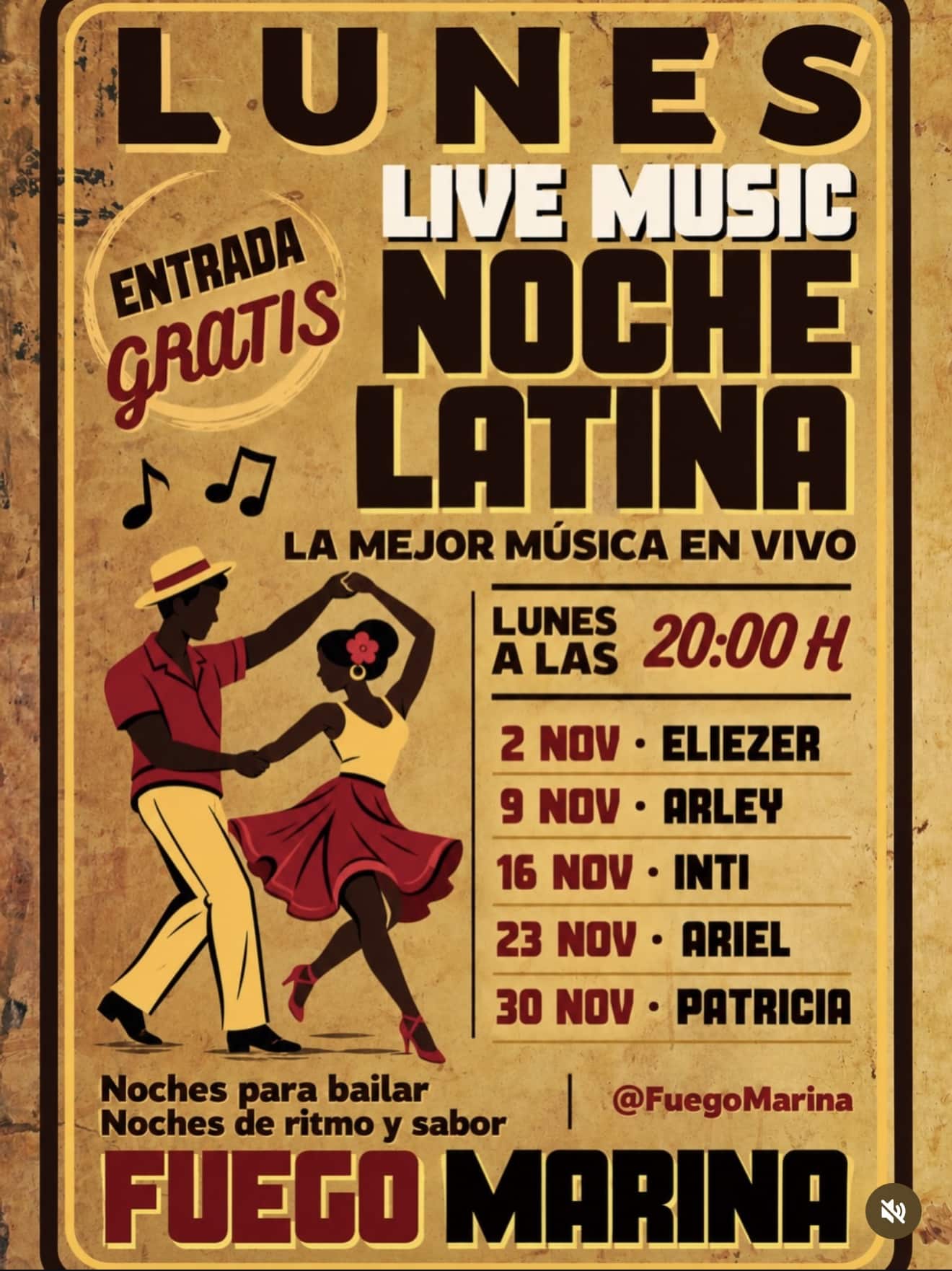 Cartel de la Noche Latina de los lunes en Fuego Marina, Dénia, noviembre de 2026: Eliezer, Arley, Inti, Ariel y Patricia a las 20:00, entrada gratis