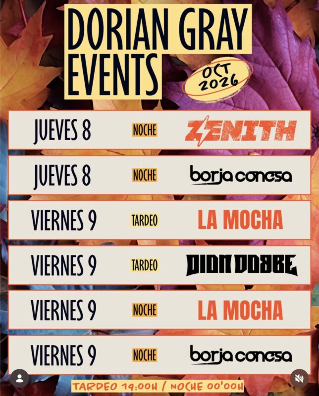 Cartel de Dorian Gray Events Dénia, 8 y 9 de octubre de 2026: Zenith, Borja Conesa, La Mocha y Dion Dobbe