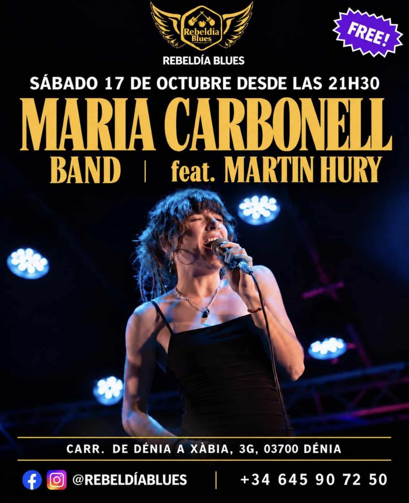 Cartel concierto Maria Carbonell Band feat. Martin Hury en Rebeldía Blues Dénia, 17 de octubre