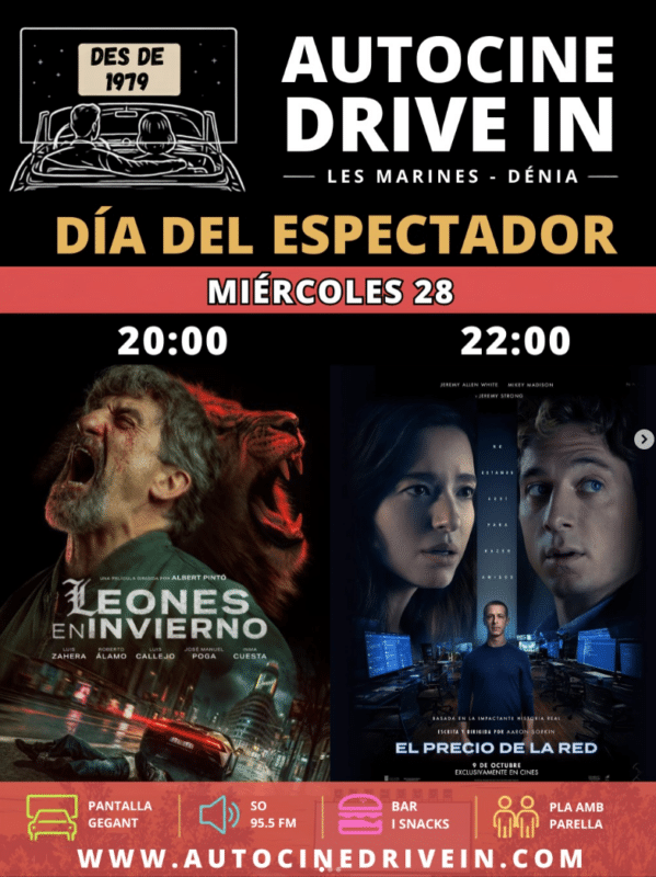 Cartel Autocine Drive In Dénia Día del Espectador miércoles 28