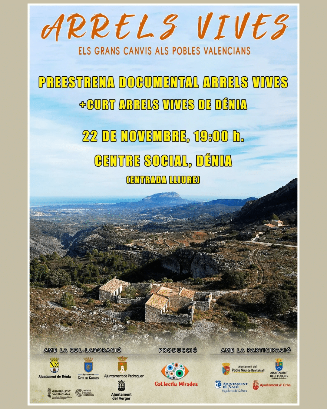 Cartel preestrena documental Arrels Vives en Dénia