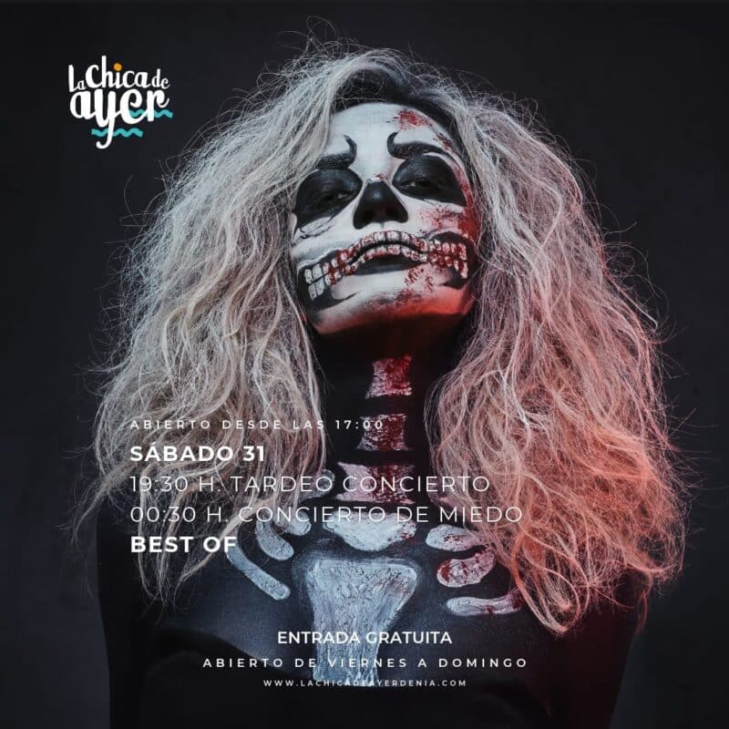 Cartel Halloween La Chica de Ayer con maquillaje calavera terrorífico