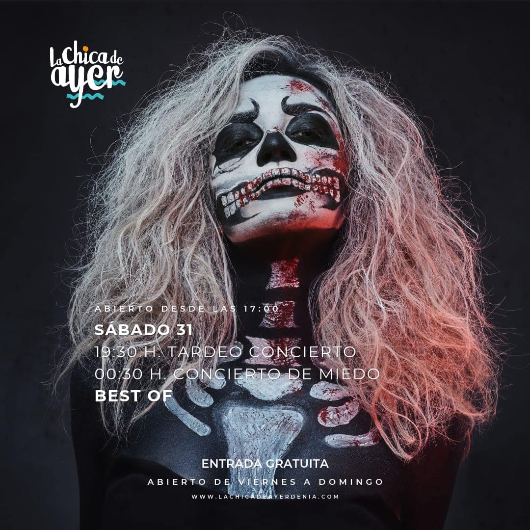 Cartel Halloween La Chica de Ayer con maquillaje calavera terrorífico